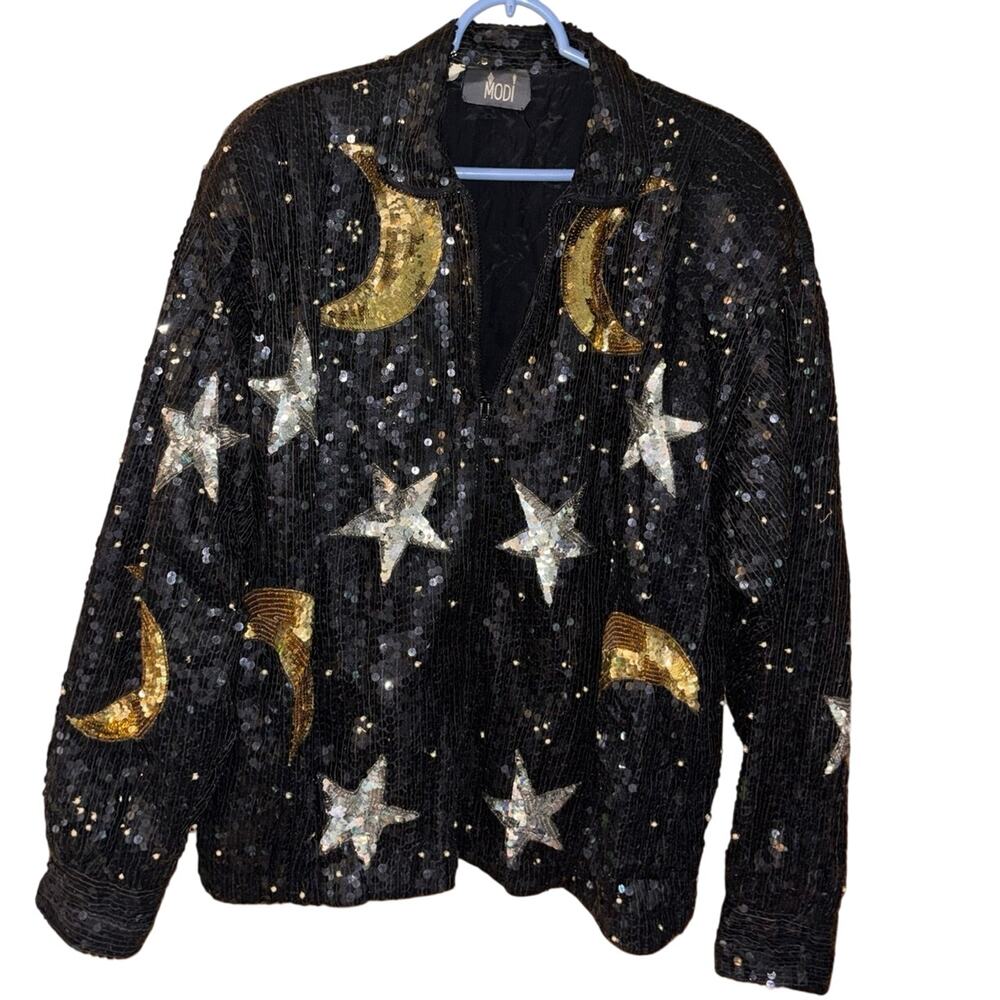 Vintage Modi black silk sequins celestial moon stars full-zip jacket (M 8/10)